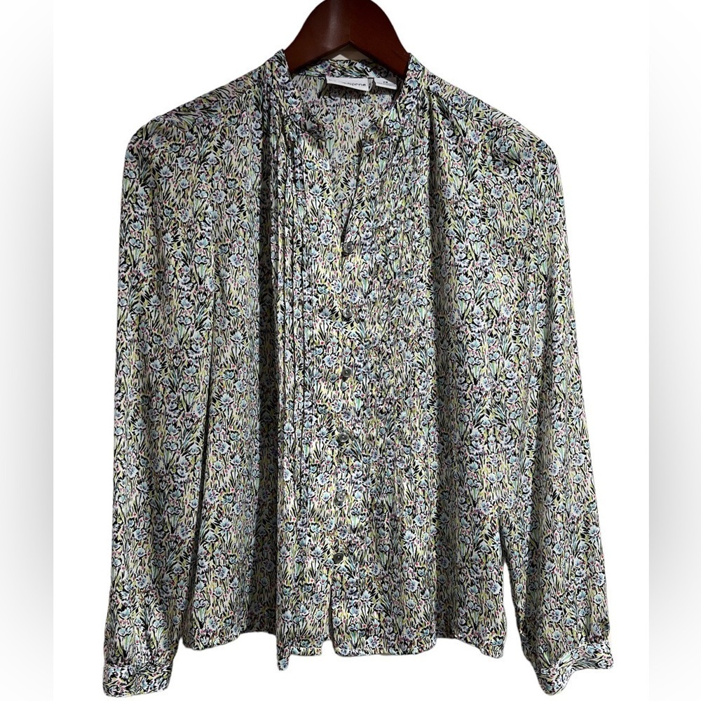 LIZ CLAIBORNE PETITE SMALL FLORAL V NOTCHED NECKLINE LONG SLEEVE BLOUSE - Picture 4 of 5